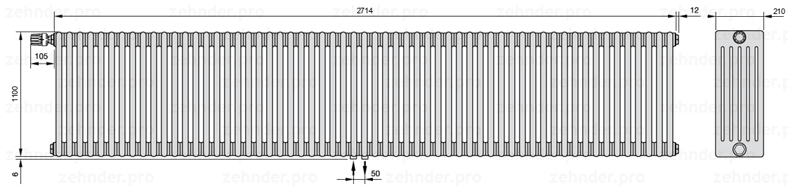 Схема (чертеж) Радиатор Zehnder Charleston 6110/59 №V007 Белый глянцевый RAL 9016